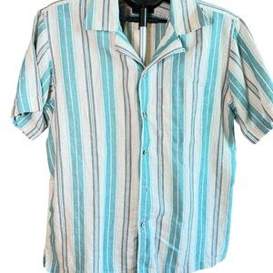 Men's Striped Aqua and White Button Down Linen Shirt